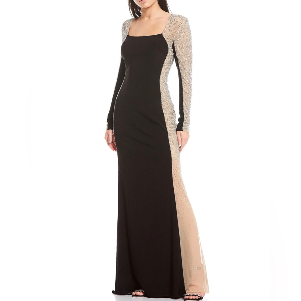 Xscape Caviar Beaded Long Sleeve Square Neck Mermaid Gown